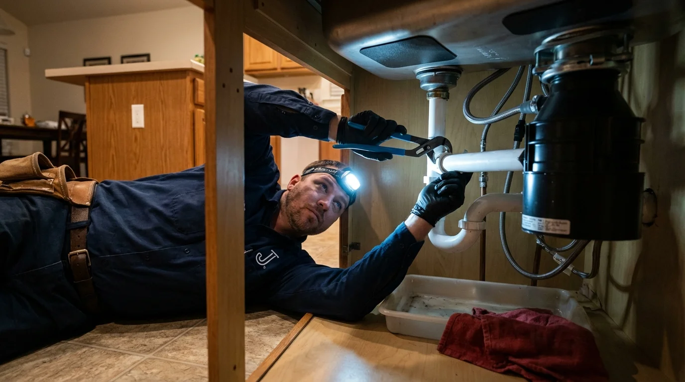 P-trap and supply line connections under a kitchen sink showing a common leak point in Largo, FL